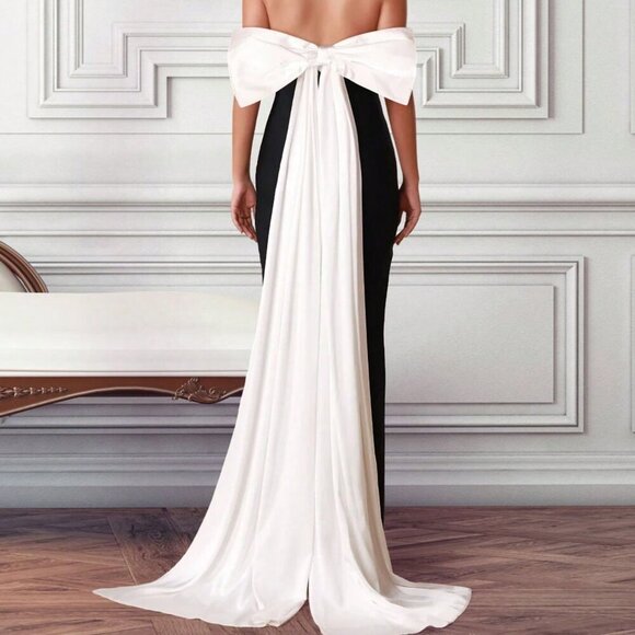 Black and White Women's Stitching Tube Top High Slit Big Butterfly Party Dress - Picture 3 of 6